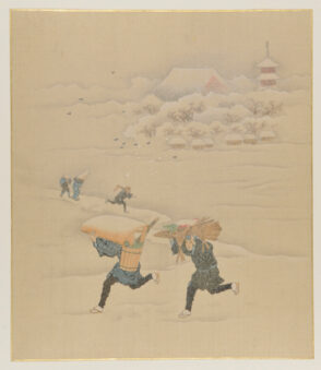 Figures running in Heavy Snow