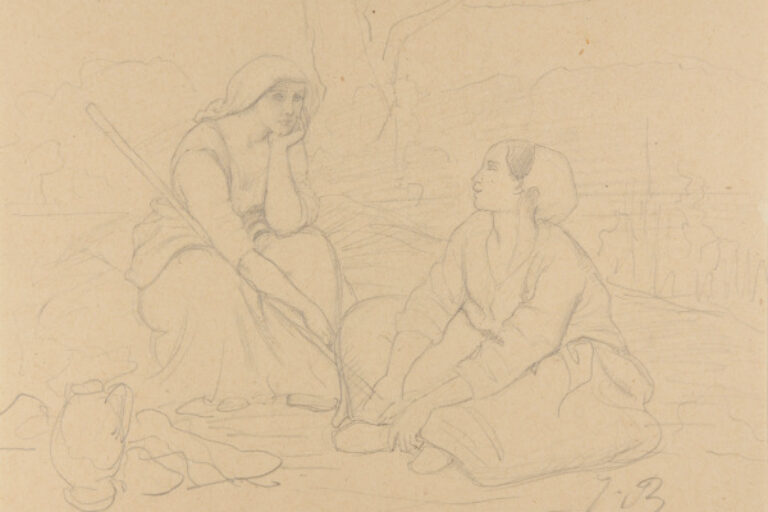 Two Seated Women in Conversation, One with a Staff