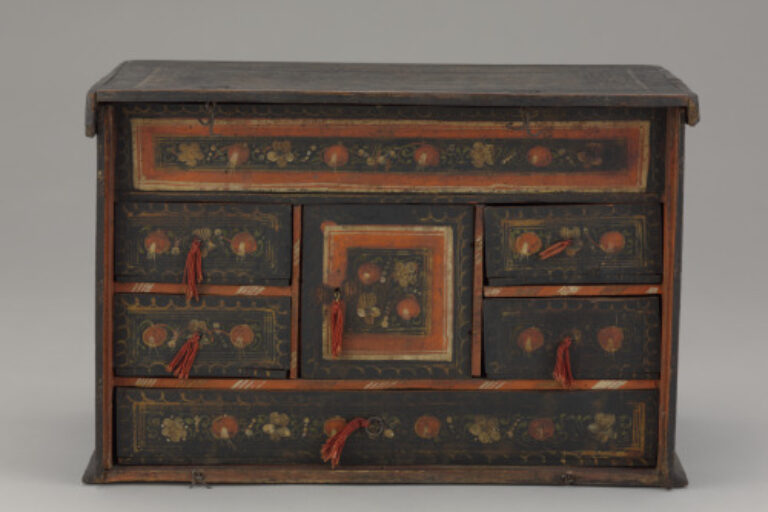 Small Chest with Drop Front (detached) and Six Drawers; Painted with Flower Patt