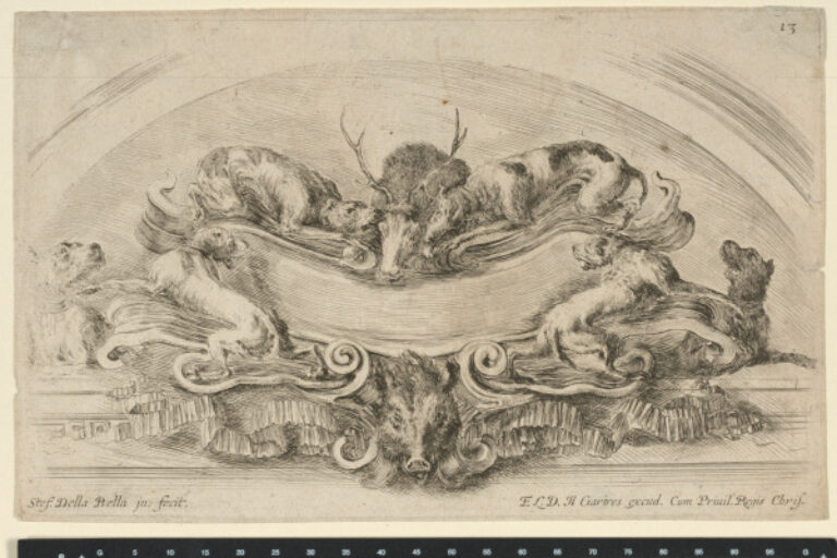 CARTOUCHE WITH SIX DOGS, ONE STAG, AND A BOAR'S HEAD