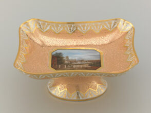 Centerpiece: View of Worcester, Showing Cathedral and Factory, in Front of Weir