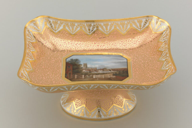 Centerpiece: View of Worcester, Showing Cathedral and Factory, in Front of Weir