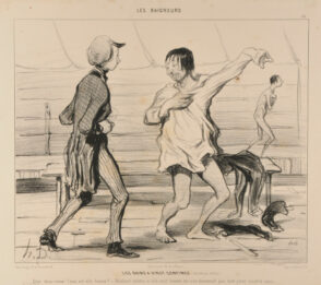 Les Bains a Vingt Centimes, Nouveau Style. Dites donc vieux! l’eau est-elle bonne? Méchant môme, si elle était bonne, on n’en donnerait pas tant pour quatre sous.