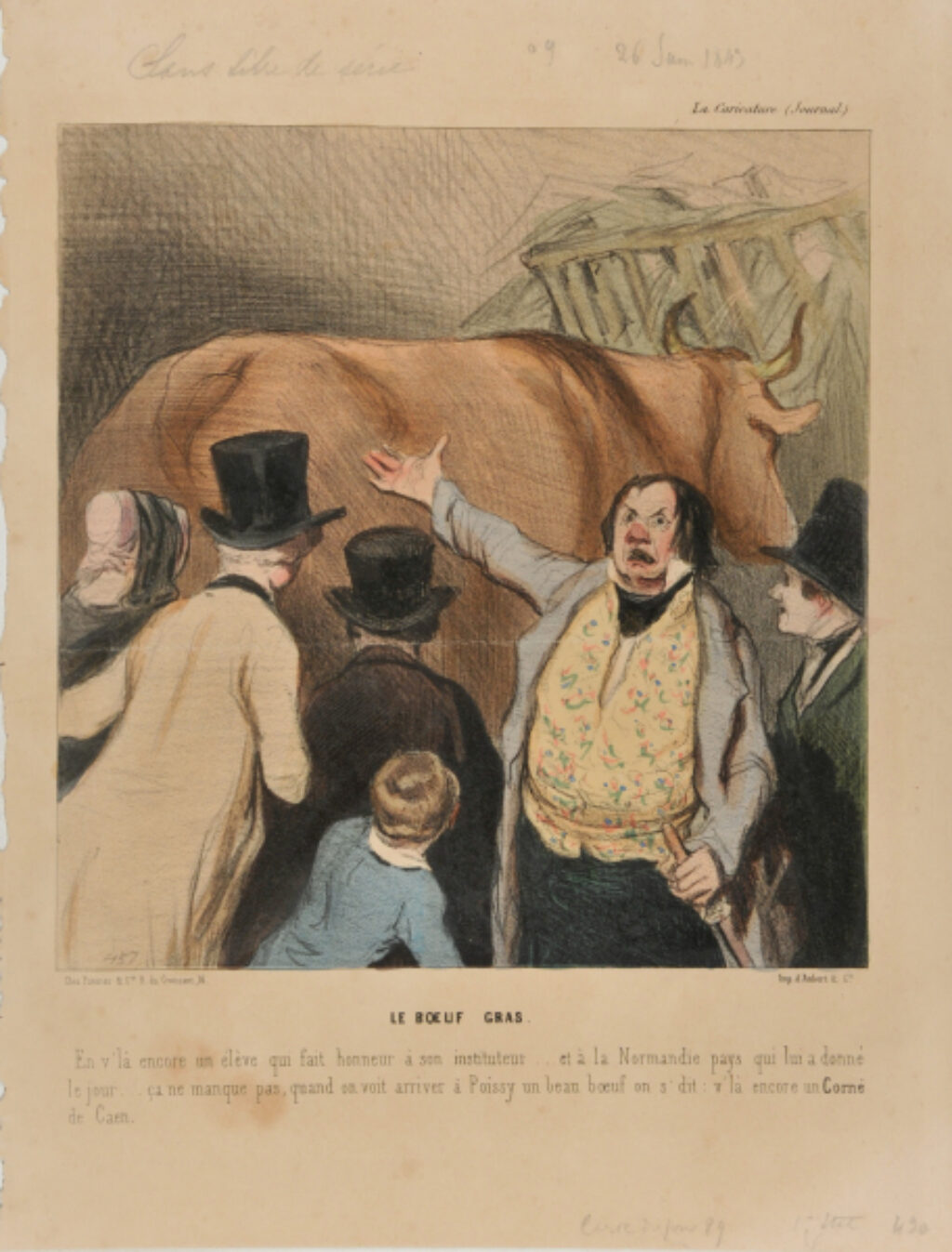Le Boeuf Gras. En v’là encore un élève qui fait honneur à son instituteur…. et à la Normandie pays qui lui a donné le jour… ça ne manque pas, quand on voit arriver à Poissy un beau bœuf on s’dit: v’là encore un Corné de Caen.