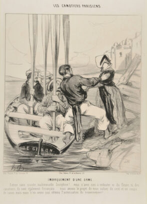 Embarquement d’une Dame. Entrez sans crainte, mademoiselle Joséphine!.. vous n’avez rien à redouter ni du fleuve, ni des canotiers, ils sont également frrrançais… nous avions le projet de vous saluer de cent et un coups de canon, mais nous n’en avons pas obtenu l’autorisation du gouvernement!…