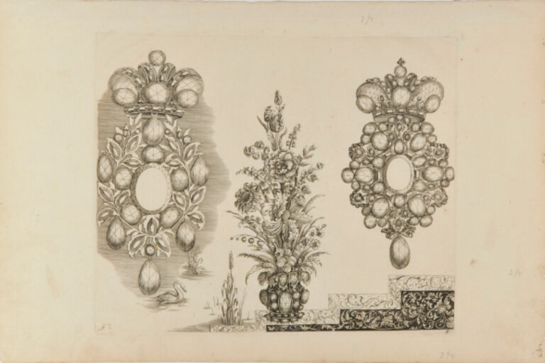 TWO DESIGNS FOR JEWELLED PENDANTS AND A DESIGN FOR A VASE OF FLOWERS