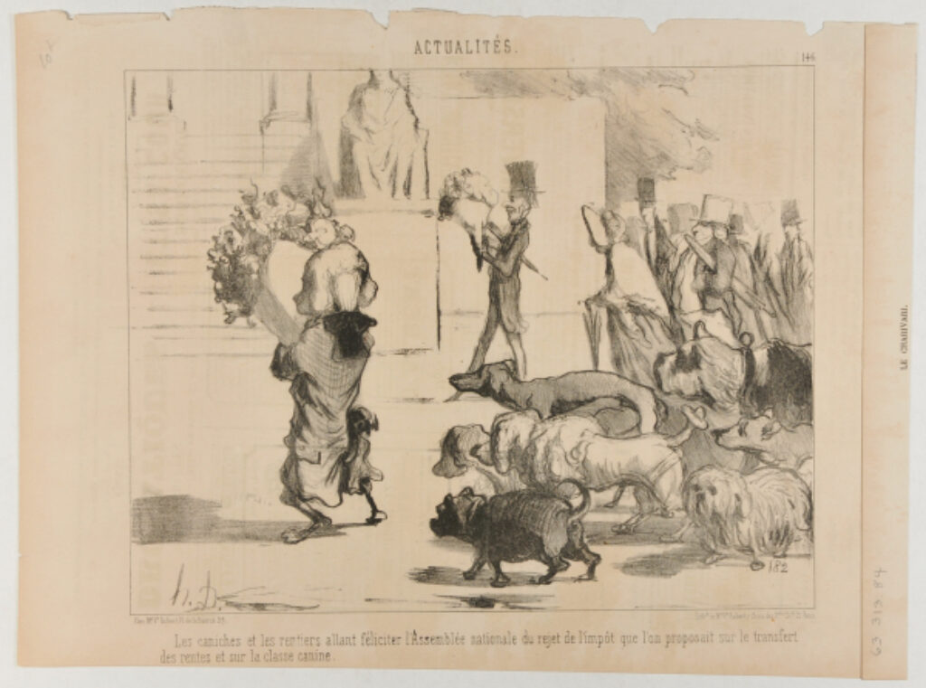Les caniches et les rentiers allant féliciter l’Assemblée nationale du rejet de l’impôt que l’on proposait sur le transfert des rentes et sur la race canine.