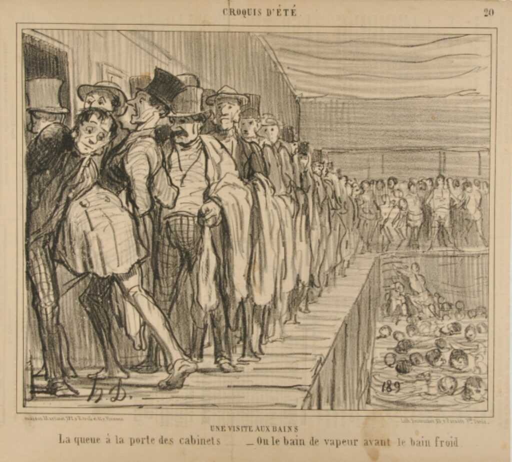 Une visite aux bains. La queue à la porte des cabinets – ou le bain de vapeur avant le bain froid.