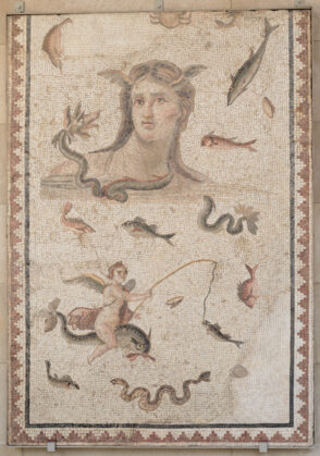 Fragment of floor mosaic depicting Tethys in a marine background