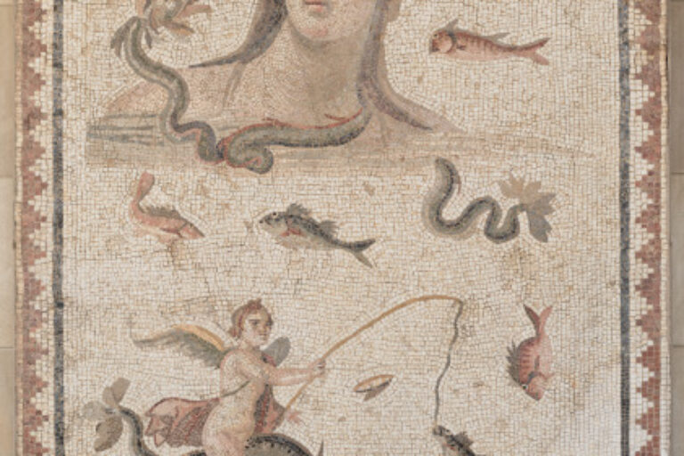 Fragment of floor mosaic depicting Tethys in a marine background