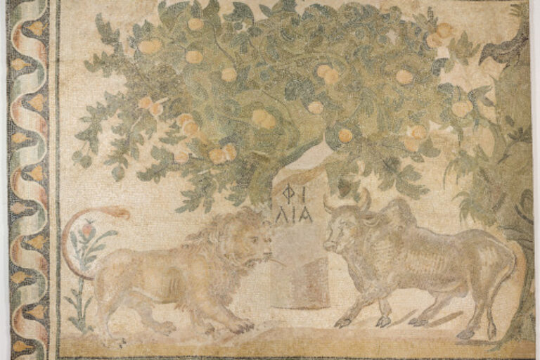 Fragment of floor mosaic depicting a lion and a humped ox