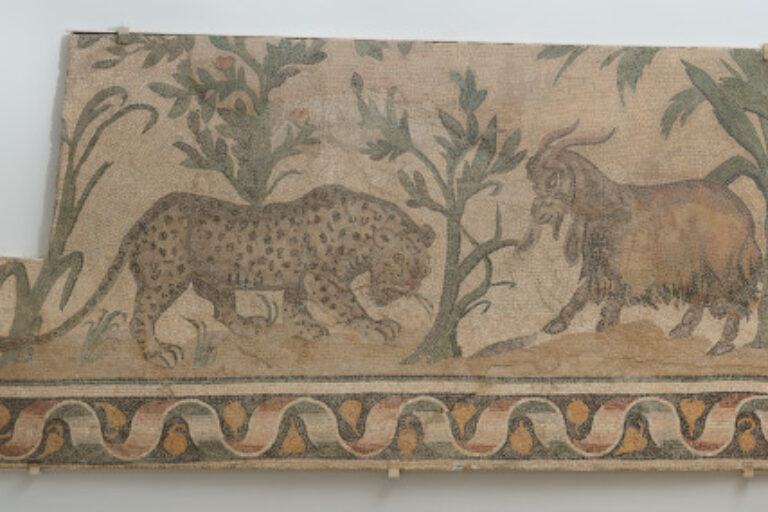 Fragment of a floor mosaic depicting a leopard and a goat