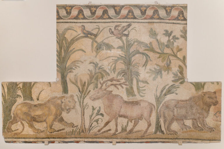 Fragment of a floor mosaic depiciting a lioness, a stag, and a bear