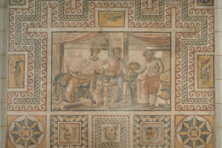 Fragment of floor mosaic depicting a Opora, Agros, and Oinos at dinner
