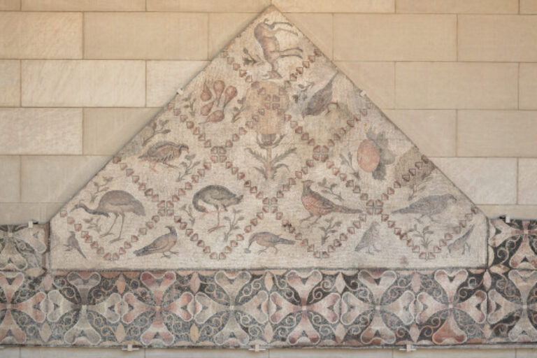 Fragment of floor mosaic depicting birds and crops