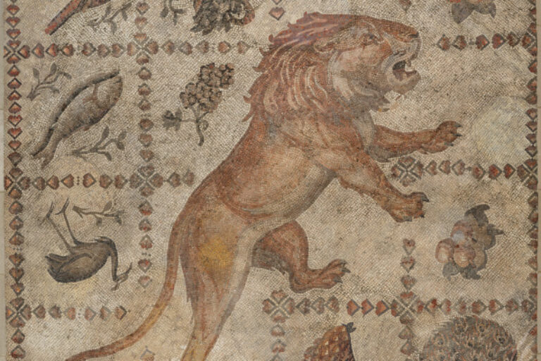 Fragment of floor mosaic depicting a striding lion, birds, and crops