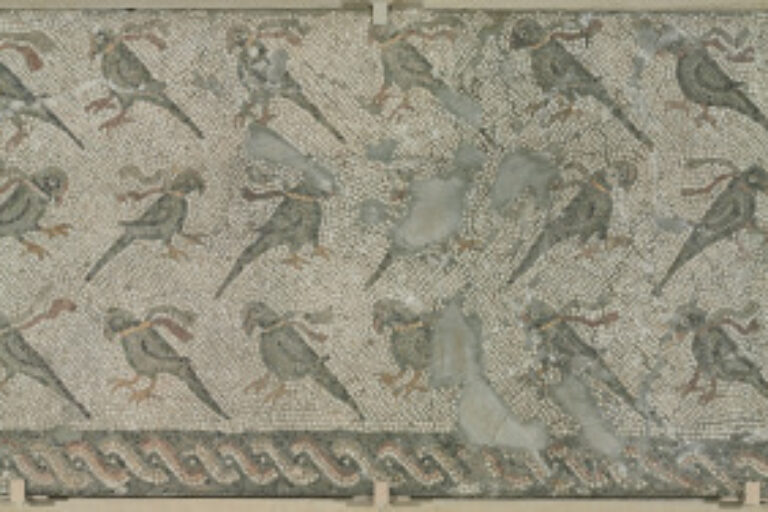 Fragment of floor mosaic depicting beribboned parrots