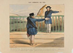 Dites donc père Loustalot… faut avouer que c’est un peu ennuyeux de voir comme ça tout la journée nos bras transformés en enseignes!…. – N’men barlez bas!… avec ça que je suis enrubé du cerbeau! v’là drois quarts d’heure que j’ai envie de me boucher le nez… mais j’ose pas, ça pourrait compromettre la sureté d’un convoi… le premier voyageur que je verrai passer je le prierai de me rendre ce service.