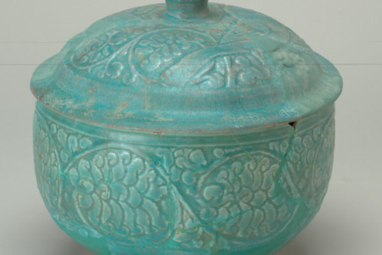 Deep Covered Bowl with Carved Scroll Design