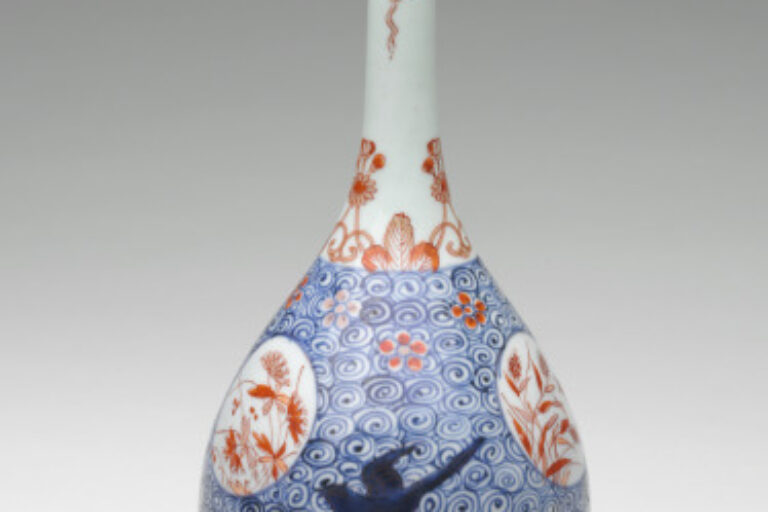 Sake Bottle Decorated with Floral Roundels, Swallows and Blossoms on Waves