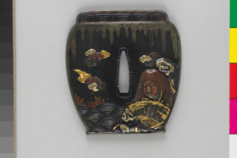 Guard (tsuba) in the Form of a Wine Jar Decorated with a Shoji Beside Waves