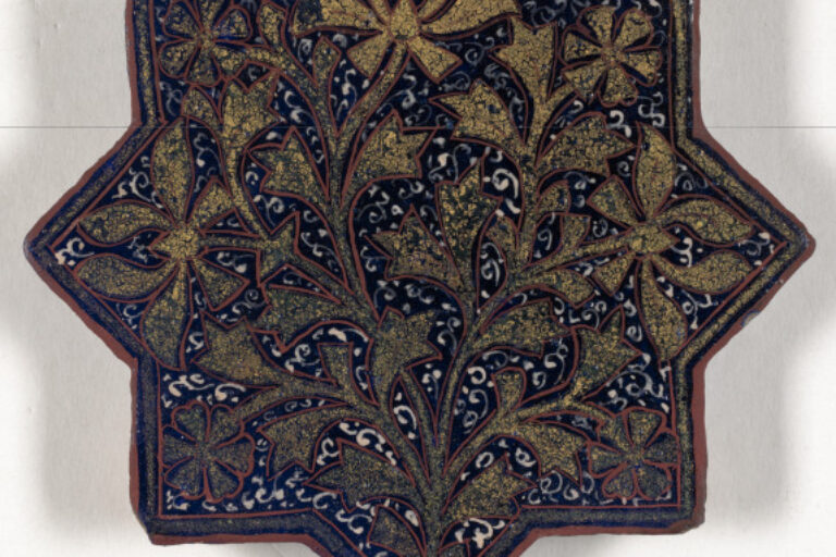 Lajvardina Ware Eight-pointed Star Design Tile with Overall Floral Design