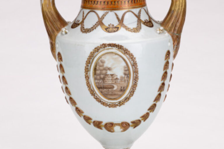 Pistol-Handled Covered Urn with Landscape Medallion