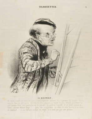 Le Distrait. Cet artiste revient du salon, et saisi d’une inspiration sublime il s’approche de sa toile; tout à coup les tons les plus suaves; les effets les plus piquans, la touche la plus délicate promettent un chef-d’œuvre; eux, trois, quatre heures se passent, la postérité l’appelle, il est grand comme le Titien, comme Michel-Ange … puis son imagination se calme, le voilà maître de lui même oh douleur! ….. il n’a fait que remuer les doigts, il n’avait pas pris son pinceau.