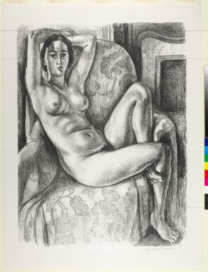 Nude with Blue Cushion next to a Fireplace