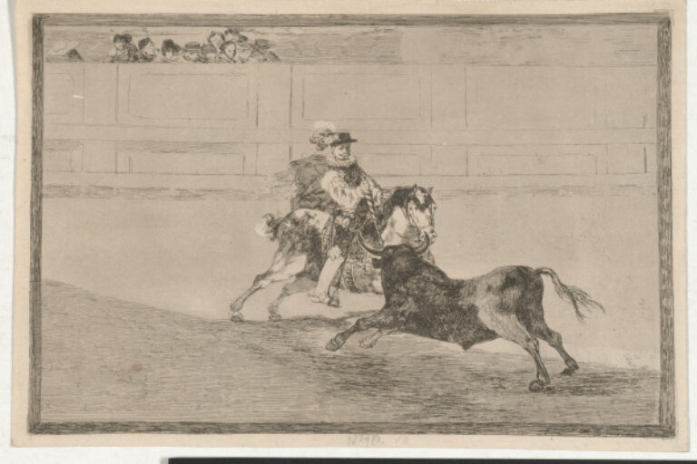 UN CABALLERO ESPANOL EN PLAZA QUEBRANDO REJONCILLOS SIN AUXILIO DE LOS CHULOS (A SPANISH MOUNTED KNIGHT IN THE RING BREAKING SHORT SPEARS WITHOUT THE HELP OF HIS ASSISTANTS)