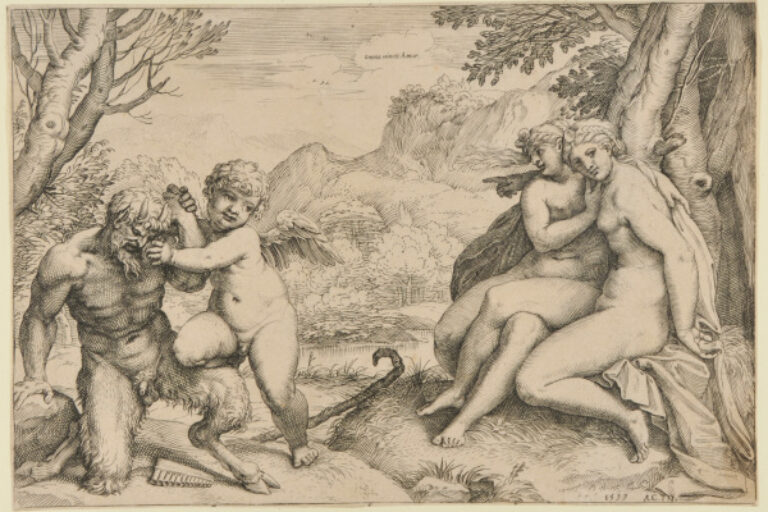 CUPID CONQUERING PAN IN PRESENCE OF TWO NYMPHS