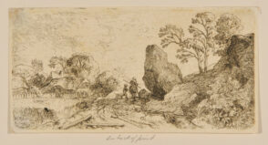 Landscape, with large rock at bend of road