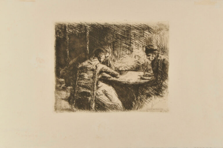 INTERIOR (THREE FIGURES SEATED AT A TABLE)