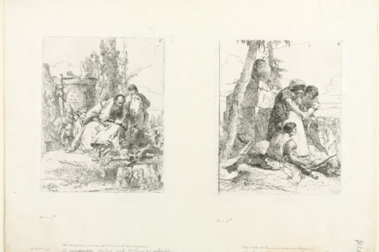 A MAGICIAN SEATED AND LOOKING AT SKULLS (LEFT); THE HEAD OF A MAN ON A PILE OF TWIGS (RIGHT)