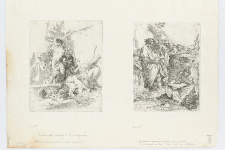 POLICHINELLE TALKING TO TWO MAGICIANS (LEFT); A WOMAN ON HER KNEES HOLDING A PLATTER (RIGHT)