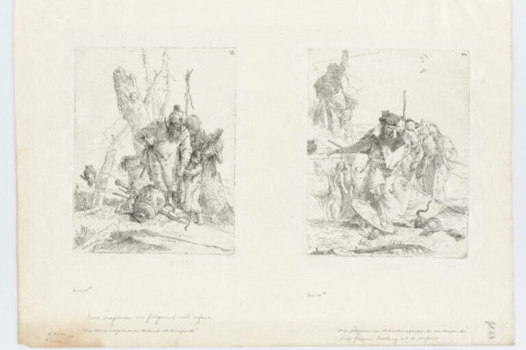TWO MAGICIANS IN FOREGROUND WITH INFANT (LEFT); SIX PERSONS LOOKING AT A SERPENT (RIGHT)