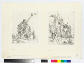 Three Men and a Horse (left); An Old Man with a Monkey on a Leash (right)