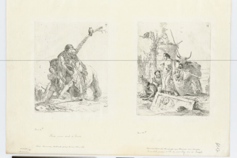THREE MEN AND A HORSE (LEFT); AN OLD MAN WITH A MONKEY ON A LEASH (RIGHT)