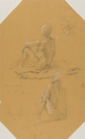 Three Views of a Seated Nude Male from the Back (recto); Three Robed Figures (verso)