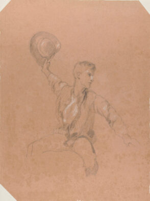 Seated Figure, Raised Hat in Right Hand