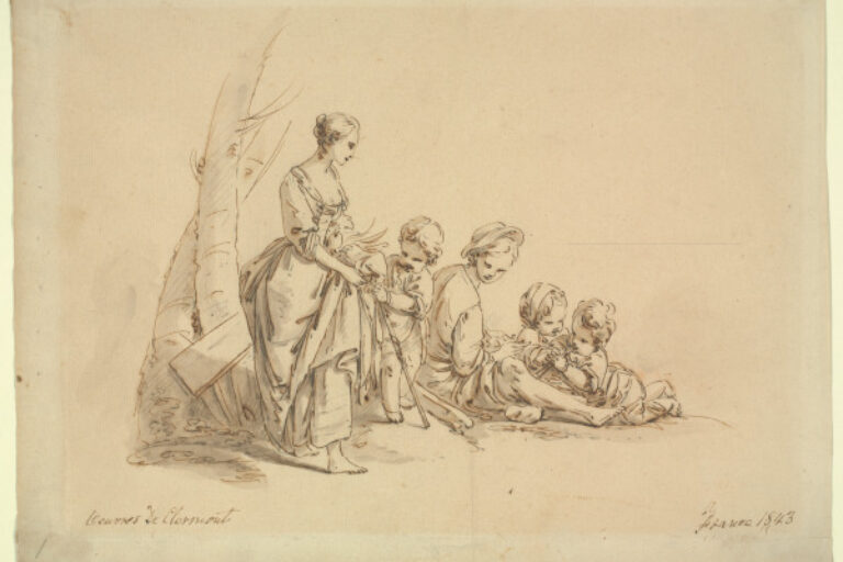 SHEPHERD AND SHEPHERDESS WITH THREE BABES BY TREE TRUNK