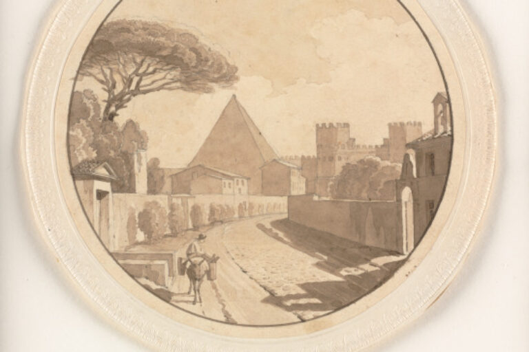CIRCULAR VIEW WITH TOWN, STREET, AND PYRAMID