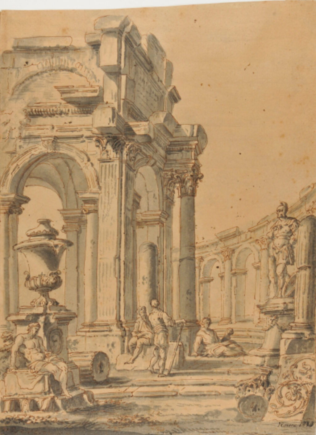 Classical Ruins with Two Statues and Three Figures - Image 2