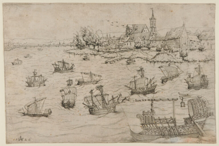 JONAH AND THE WHALE ON A LAKE WITH SAILING VESSELS