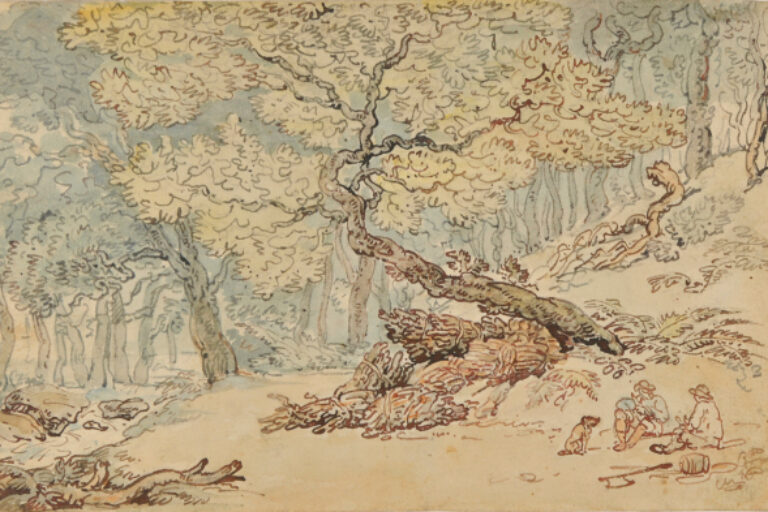 FOREST INTERIOR WITH MEN AND DOG