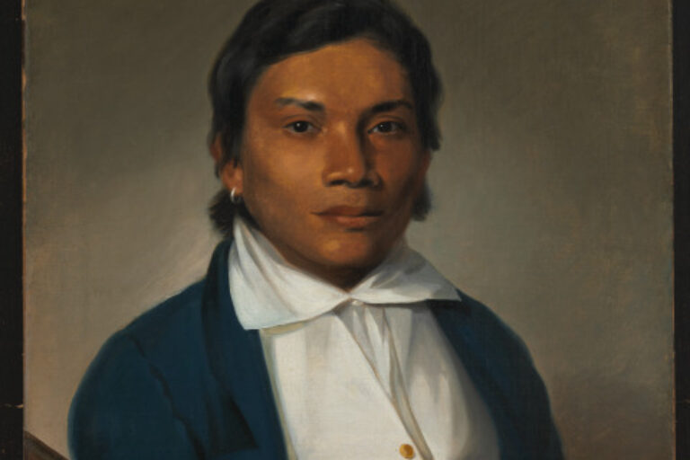 Jonathas Granville. A painted portrait of a man with dark hair and skin, wearing a dark jacket, cream vest, and a white shirt with a high collar.