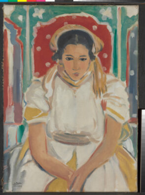 Girl in White Dress Seated in Red Chair