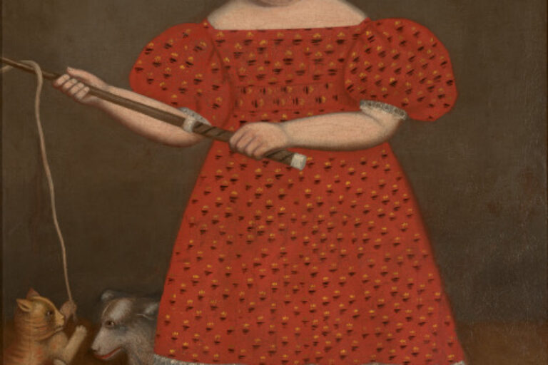 Child in Red Dress with Dog and Cat