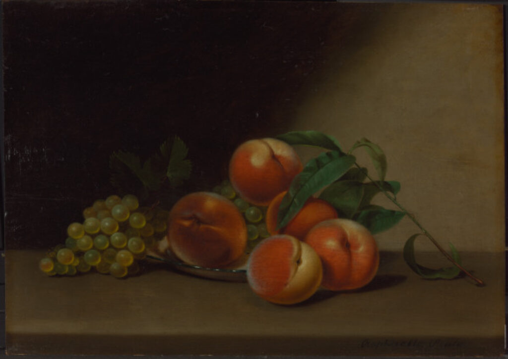 Still Life with Peaches and White Grapes in Porcelain Dish
