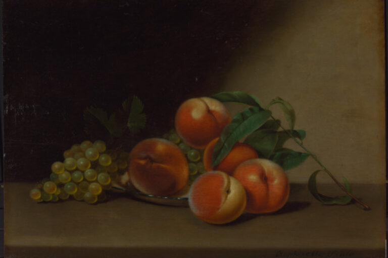 Still Life with Peaches and White Grapes in Porcelain Dish